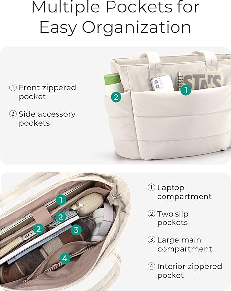 Tote Bag for Women, Lightweight Puffy Tote Bag with Compartments Shoulder Bag Handbag for Travel, Work, Gym Lightweight