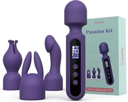 Tracy's Dog Wand Vibrator Kits, Couple Adult Sex Toys with 3 Attachments for Clit, G Spot, Glans, Clitoral Stimulator Vibrating Realistic Dildo with LCD Display, 10 Patterns 4 Speeds Massage Kits