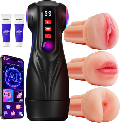 Male Masturbator Sex Toys for Men - 3 Sleeves AI Sync Pocket Pussy Penis Pump with 9 Sucking & 9 Vibrating, APP Adult Toys Mens Sex Toy, Colorful Lighting Stroker Machine Erotic Massage Kits