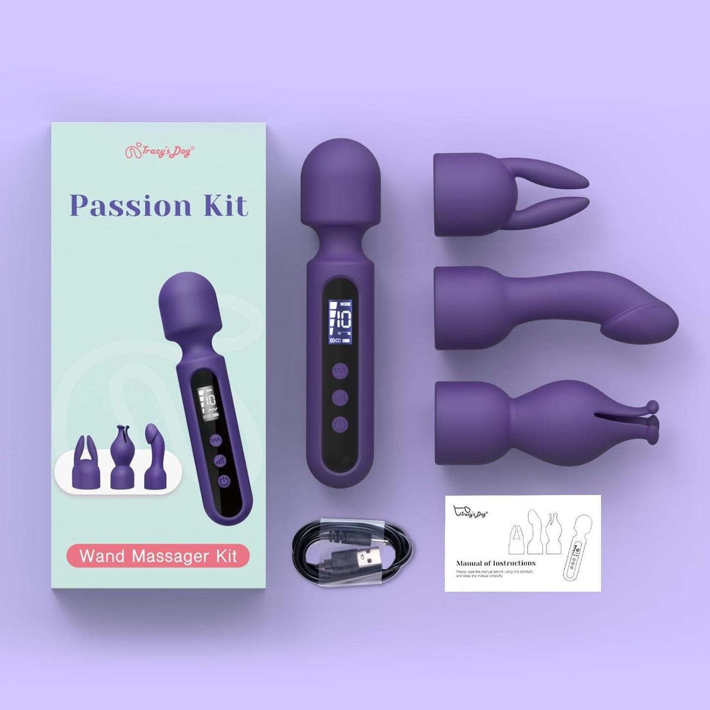 Tracy's Dog Wand Vibrator Kits, Couple Adult Sex Toys with 3 Attachments for Clit, G Spot, Glans, Clitoral Stimulator Vibrating Realistic Dildo with LCD Display, 10 Patterns 4 Speeds Massage Kits