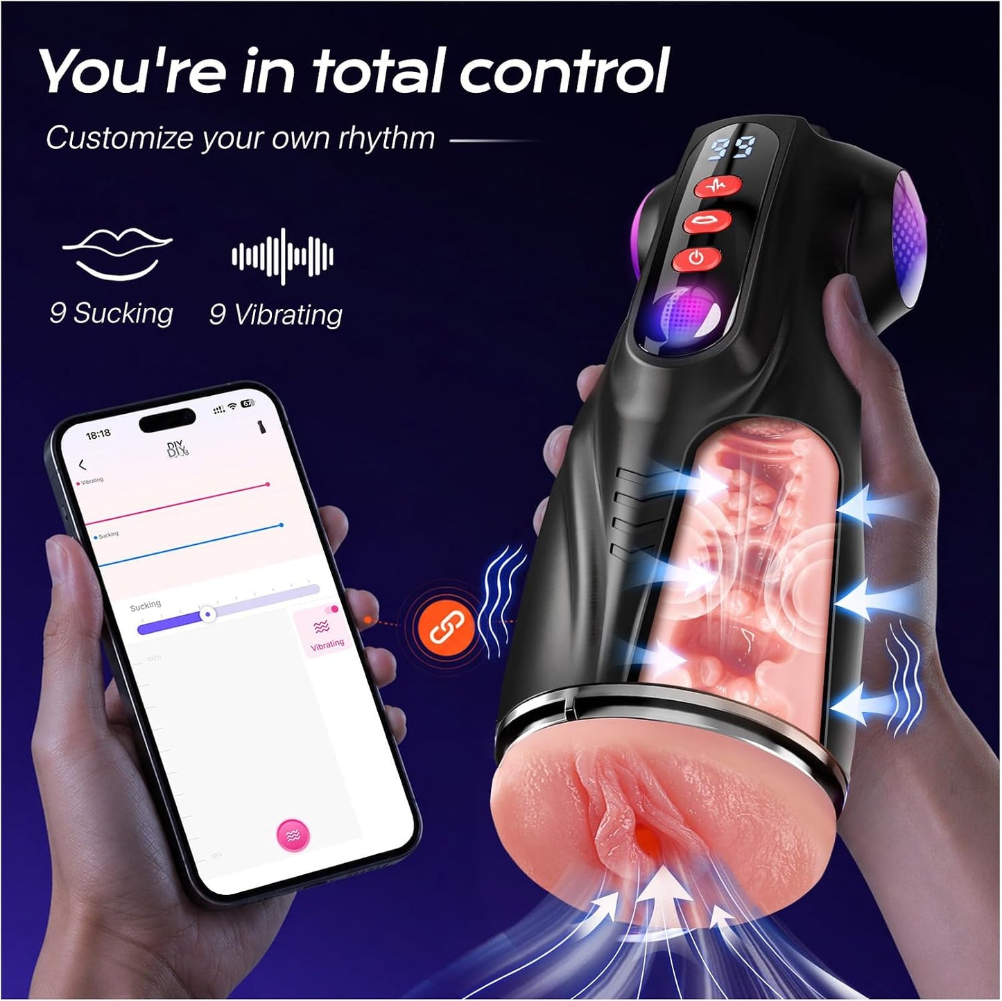 Male Masturbator Sex Toys for Men - 3 Sleeves AI Sync Pocket Pussy Penis Pump with 9 Sucking & 9 Vibrating, APP Adult Toys Mens Sex Toy, Colorful Lighting Stroker Machine Erotic Massage Kits