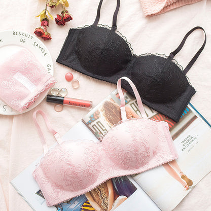 New For Women Pink Sexy Lingerie Lace Embroidery Half Cup Bralette Cotton Panties Wireless Bra Sets Underwear