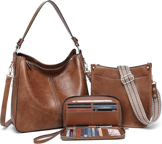 Purses for Women 3PCS, Crossbody Bags Set Large Leather Purse Shoulder Handbags with Wallet Adjustable Straps for Ladies Tote