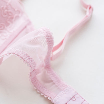 New For Women Pink Sexy Lingerie Lace Embroidery Half Cup Bralette Cotton Panties Wireless Bra Sets Underwear