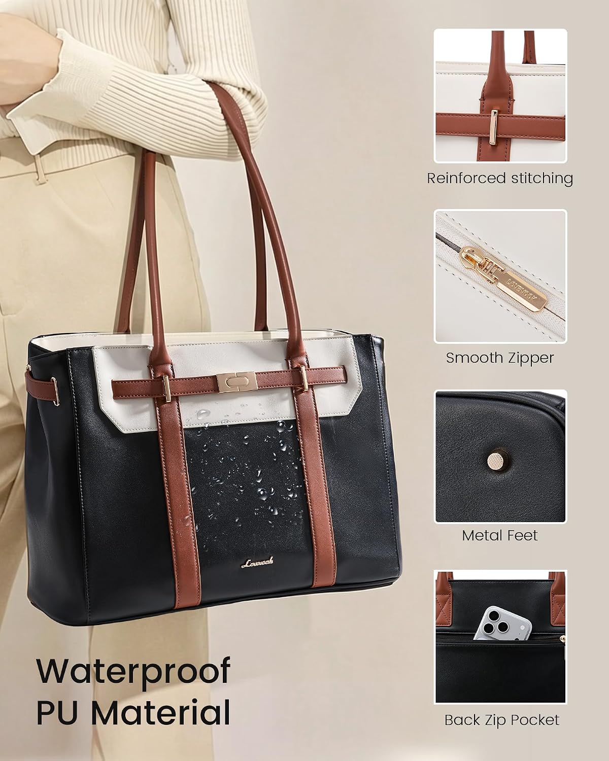Tote Bag for Women, 2-in-1 Work Teacher Bags with Large Cup Holder, 15.6 Inch Waterproof Leather Computer Handbag Purse for Office, Business, College